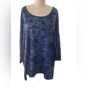 BASIC EDITIONS women’s blue floral print shirt, lightweight, 3/4 sleeves 3X